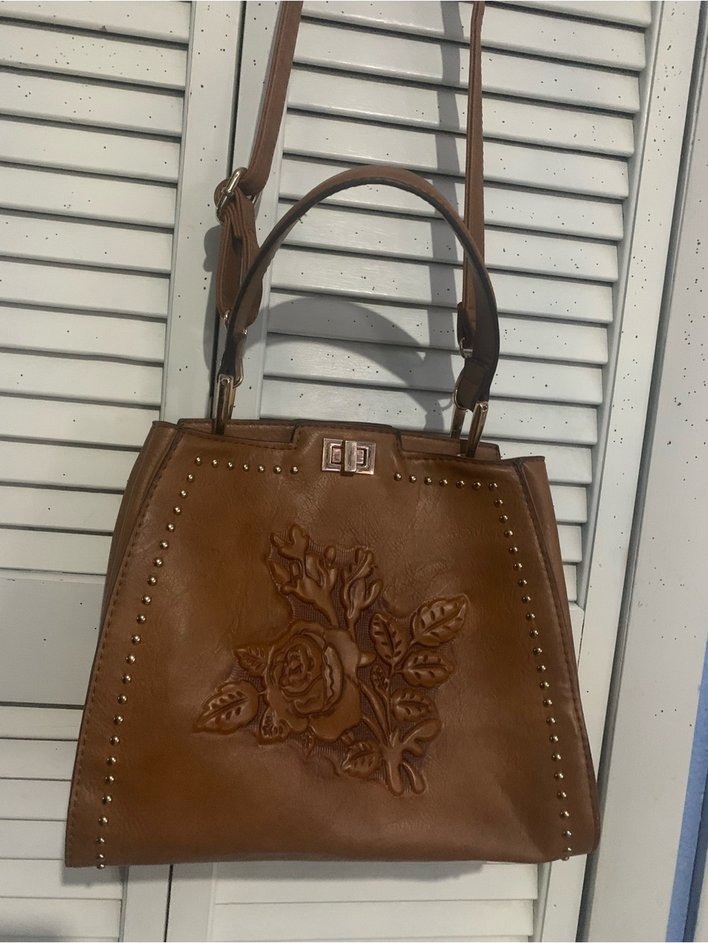 Vintage Embossed Floral Faux Leather Satchel/Crossbody Bag Studded Front